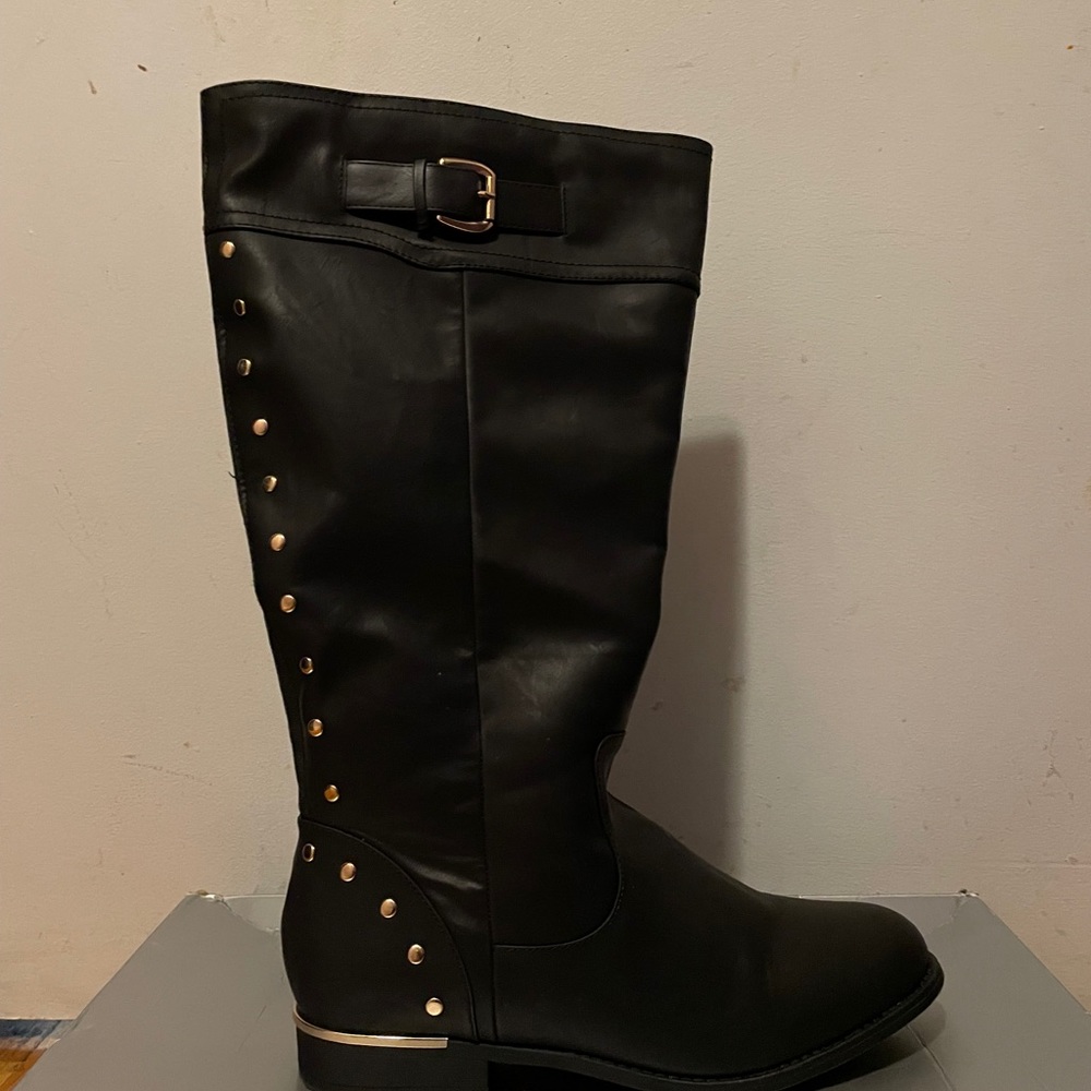Faux leather wide calf size 13 ww tall boots with gold studs on the back